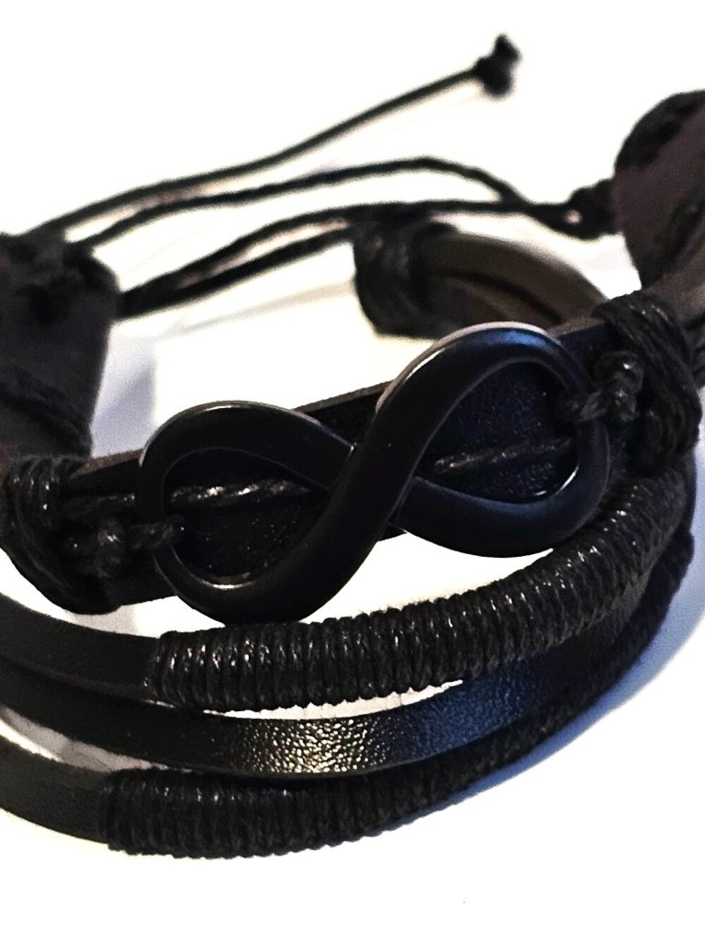 Men’s Black Leather Bracelet Set Infinity Symbol Triple Wrap Adjustable Trendy